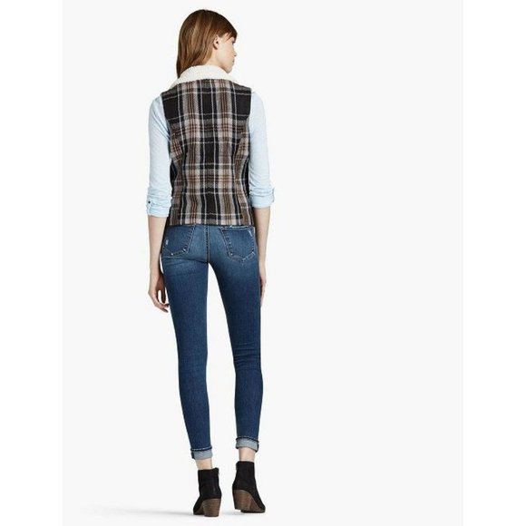 Lucky Brand Womens Plaid Sherpa Vest Jacket 7WD3108 Asymmetrical Zip Black SZ S - Picture 3 of 8